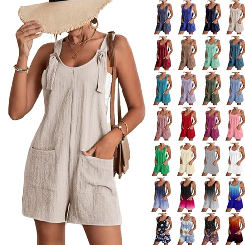 Kurze Jumpsuit Damen Sommer Ärmellos Latzhose Spaghetti V-Ausschnitt Overalls Lässige Baumwolle Playsuit Elegant Einfarbig Einteiler High Waist Shortalls mit Taschen Große Größen Sport Arbeitshose von Komiseup