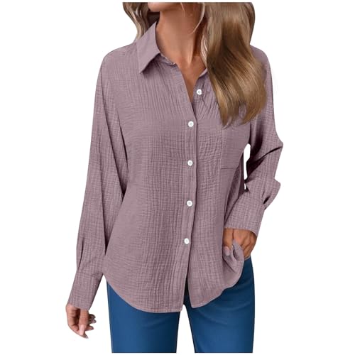 Langarmshirt Damen Herbst Baumwolle Leinenbluse Langarm Musselin Bluse Elegant Einfarbig Leinenhemd Oversize Revers Einreihige Hemd Große Größen V-Ausschnitt Hemden mit Taschen Button Down Longbluse von Komiseup