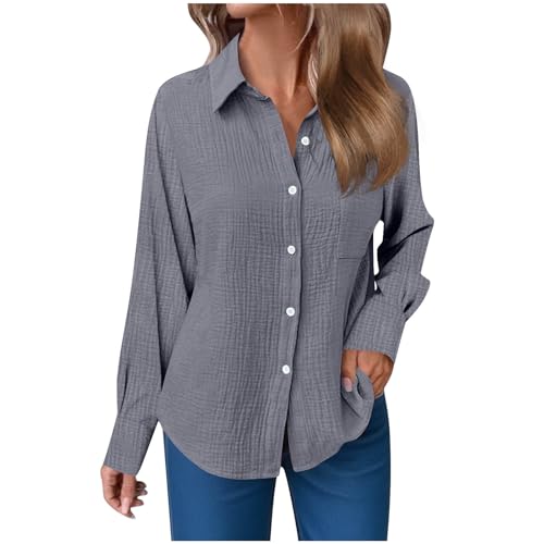 Langarmshirt Damen Herbst Baumwolle Leinenbluse Langarm Musselin Bluse Elegant Einfarbig Leinenhemd Oversize Revers Einreihige Hemd Große Größen V-Ausschnitt Hemden mit Taschen Button Down Longbluse von Komiseup