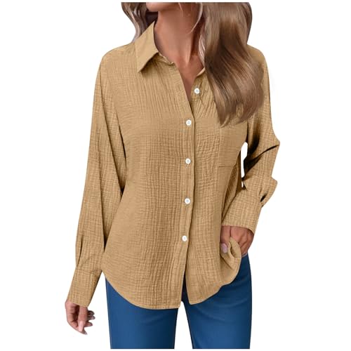 Langarmshirt Damen Herbst Baumwolle Leinenbluse Langarm Musselin Bluse Elegant Einfarbig Leinenhemd Oversize Revers Einreihige Hemd Große Größen V-Ausschnitt Hemden mit Taschen Button Down Longbluse von Komiseup