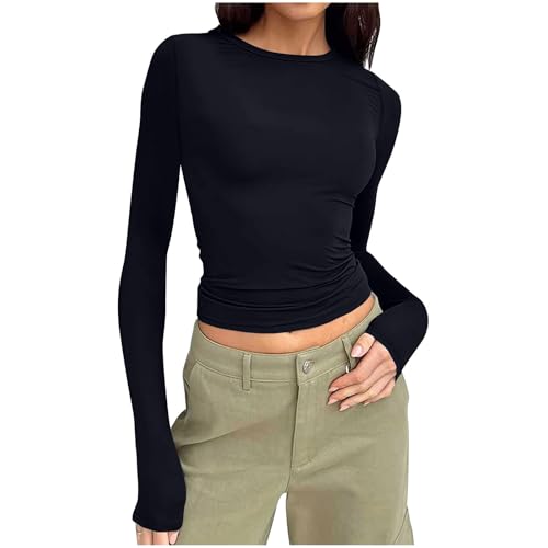 Langarmshirt Damen Slim Fit Y2K Top Basic Crop Tops Enges Langarm Oberteil Yoga Stretch Shirts Basic Rundhals Sportshirt Elegant Solide Unterhemd Teenager Mädchen Streetwear Dehnbar Aesthetic Shirts von Komiseup