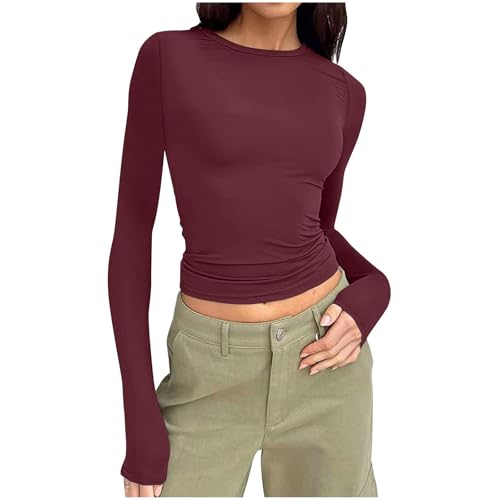 Langarmshirt Damen Slim Fit Y2K Top Basic Crop Tops Enges Langarm Oberteil Yoga Stretch Shirts Basic Rundhals Sportshirt Elegant Solide Unterhemd Teenager Mädchen Streetwear Dehnbar Aesthetic Shirts von Komiseup