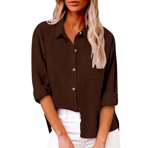Langarmshirt Damen Sommer Bluse Baumwolle Leinen Hemd Kurzarm Leinenbluse V-Ausschnitt Button-Down Blusen Elegant Solide Blusenshirt Lose Casual Hemdbluse Basic Revers Shirts Frauen Langarm Tunika von Komiseup