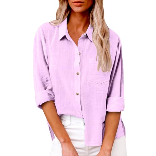 Langarmshirt Damen Sommer Bluse Baumwolle Leinen Hemd Kurzarm Leinenbluse V-Ausschnitt Button-Down Blusen Elegant Solide Blusenshirt Lose Casual Hemdbluse Basic Revers Shirts Frauen Langarm Tunika von Komiseup
