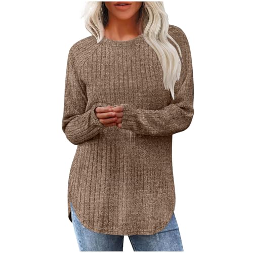 Langarmshirt Damen Weich Rippstrick Pullover Langarm Runahal Sweatshirt Elegant Einfarbig Strickpullover Lässig Leichte Gerippt Pulli Locker Baumwolle Longshirt Herbst Winter Strick Loungewear S-2XL von Komiseup