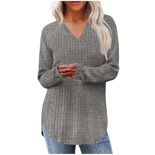 Langarmshirt Damen Weich Rippstrick Pullover Langarm Runahal Sweatshirt Elegant Einfarbig Strickpullover Lässig Leichte Gerippt Pulli Locker Baumwolle Longshirt Herbst Winter Strick Loungewear S-2XL von Komiseup