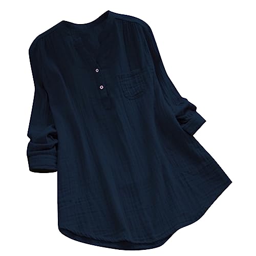 Leinenbluse Damen Baumwolle Leinen Langarmshirt Oversized Button-down Hemd V-Ausschnitt Langarm Tunika Große Größen Einfarbige Leinenhemd Frauen Sommer Blusenshirt Lässige Oberteile mit Brusttaschen von Komiseup