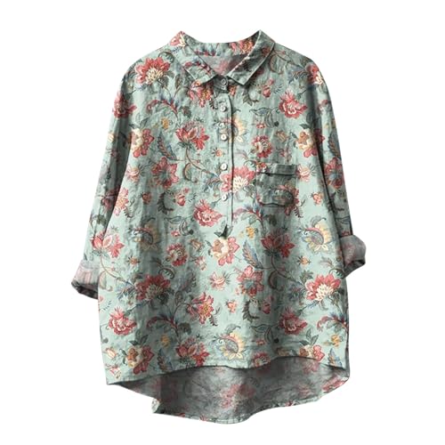 Leinenbluse Damen Musselin Bluse Winter Langarmshirt Teenager Mädchen Tshirt Langarm V-Ausschnitt Leinenhemd Vintage Blumendruck Leinenbluse Große Größen Tunika Tops Button Down Oberteile mit Tasche von Komiseup