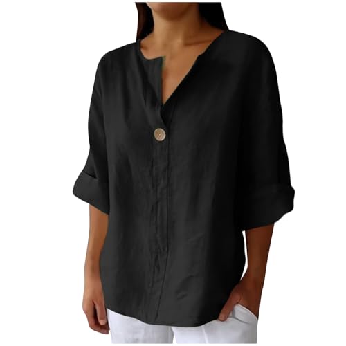 Leinenbluse Damen Oversized Tshirt Dünne Musselin Leinenhemd Basic Rundhals Pullover Große Größen Elegant Einfarbig Bluse Tops Locker 3/4 Arm Longbluse Button Down Oberteile mit Taschen Sommershirts von Komiseup