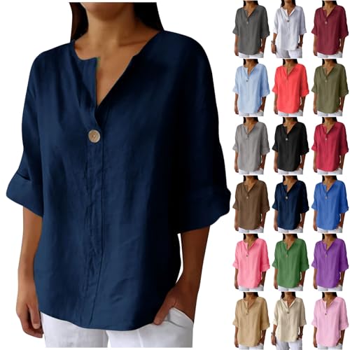 Leinenbluse Damen Oversized Tshirt Dünne Musselin Leinenhemd Basic Rundhals Pullover Große Größen Elegant Einfarbig Bluse Tops Locker 3/4 Arm Longbluse Button Down Oberteile mit Taschen Sommershirts von Komiseup