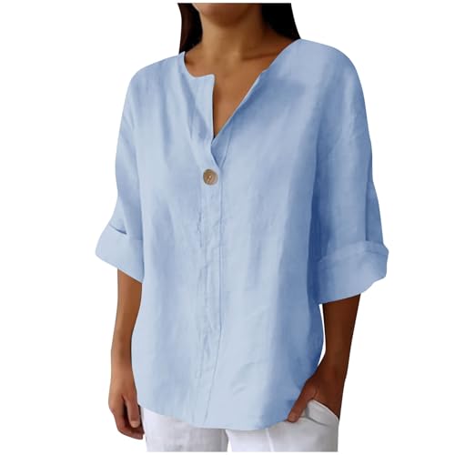 Leinenbluse Damen Oversized Tshirt Dünne Musselin Leinenhemd Basic Rundhals Pullover Große Größen Elegant Einfarbig Bluse Tops Locker 3/4 Arm Longbluse Button Down Oberteile mit Taschen Sommershirts von Komiseup