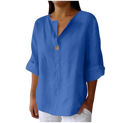 Leinenbluse Damen Oversized Tshirt Dünne Musselin Leinenhemd Basic Rundhals Pullover Große Größen Elegant Einfarbig Bluse Tops Locker 3/4 Arm Longbluse Button Down Oberteile mit Taschen Sommershirts von Komiseup