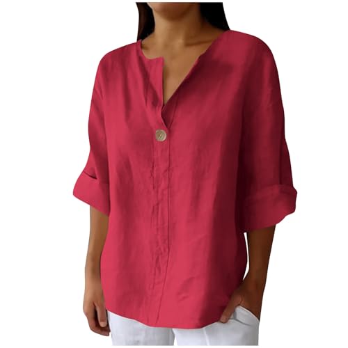 Leinenbluse Damen Oversized Tshirt Dünne Musselin Leinenhemd Basic Rundhals Pullover Große Größen Elegant Einfarbig Bluse Tops Locker 3/4 Arm Longbluse Button Down Oberteile mit Taschen Sommershirts von Komiseup