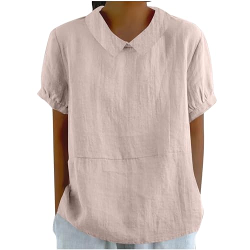 Leinenbluse Damen Oversized Tshirt Dünne Musselin Leinenhemd Basic Rundhals Shirt mit Puppenkragen Elegant Einfarbig Bluse Tops Locker Kurzarm Longbluse Button Down Oberteile Revers Sommershirts von Komiseup