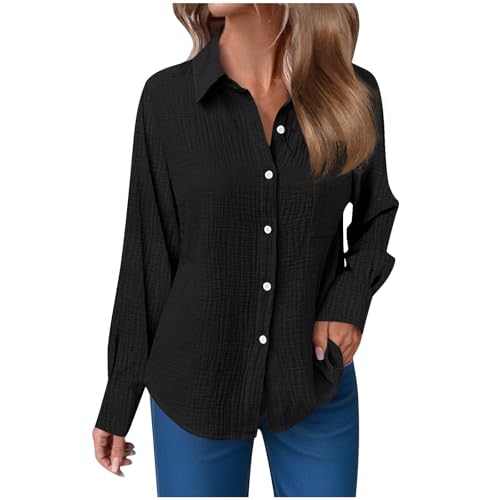 Leinenbluse Damen Sommer Musselin Bluse Oversized Langarm Longbluse mit Knöpfe Einfarbig Langarmshirt Große Größen Baumwoll Leinen Tshirt Revers Einreihige Leinenhemd mit Taschen Button-Down Hemden von Komiseup
