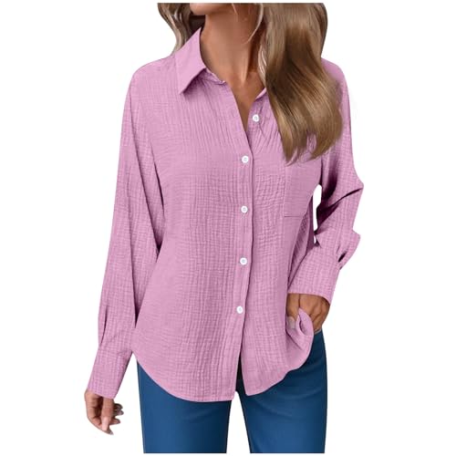 Leinenbluse Damen Sommer Musselin Bluse Oversized Langarm Longbluse mit Knöpfe Einfarbig Langarmshirt Große Größen Baumwoll Leinen Tshirt Revers Einreihige Leinenhemd mit Taschen Button-Down Hemden von Komiseup