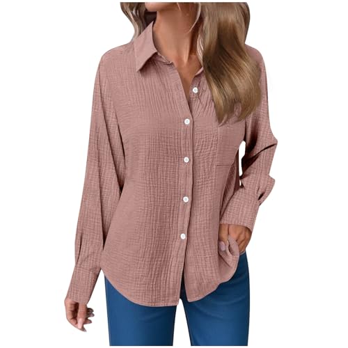 Leinenbluse Damen Sommer Musselin Bluse Oversized Langarm Longbluse mit Knöpfe Einfarbig Langarmshirt Große Größen Baumwoll Leinen Tshirt Revers Einreihige Leinenhemd mit Taschen Button-Down Hemden von Komiseup