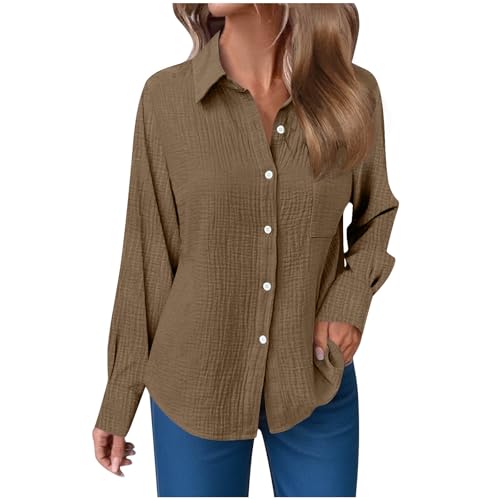 Leinenbluse Damen Sommer Musselin Bluse Oversized Langarm Longbluse mit Knöpfe Einfarbig Langarmshirt Große Größen Baumwoll Leinen Tshirt Revers Einreihige Leinenhemd mit Taschen Button-Down Hemden von Komiseup