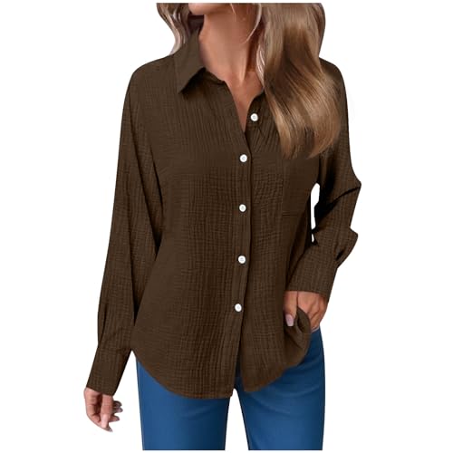 Leinenbluse Damen Sommer Musselin Bluse Oversized Langarm Longbluse mit Knöpfe Einfarbig Langarmshirt Große Größen Baumwoll Leinen Tshirt Revers Einreihige Leinenhemd mit Taschen Button-Down Hemden von Komiseup