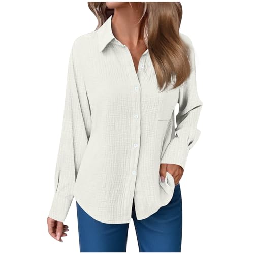 Leinenbluse Damen Sommer Musselin Bluse Oversized Langarm Longbluse mit Knöpfe Einfarbig Langarmshirt Große Größen Baumwoll Leinen Tshirt Revers Einreihige Leinenhemd mit Taschen Button-Down Hemden von Komiseup