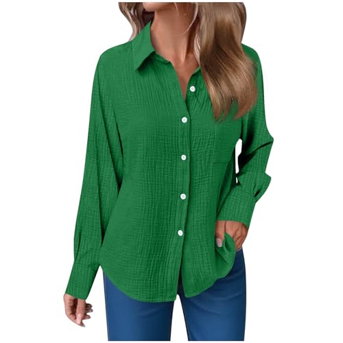 Leinenbluse Damen Sommer Musselin Bluse Oversized Langarm Longbluse mit Knöpfe Einfarbig Langarmshirt Große Größen Baumwoll Leinen Tshirt Revers Einreihige Leinenhemd mit Taschen Button-Down Hemden von Komiseup