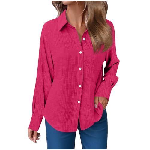 Leinenbluse Damen Sommer Musselin Bluse Oversized Langarm Longbluse mit Knöpfe Einfarbig Langarmshirt Große Größen Baumwoll Leinen Tshirt Revers Einreihige Leinenhemd mit Taschen Button-Down Hemden von Komiseup
