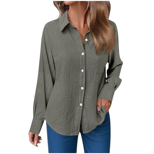 Leinenbluse Damen Sommer Musselin Bluse Oversized Langarm Longbluse mit Knöpfe Einfarbig Langarmshirt Große Größen Baumwoll Leinen Tshirt Revers Einreihige Leinenhemd mit Taschen Button-Down Hemden von Komiseup