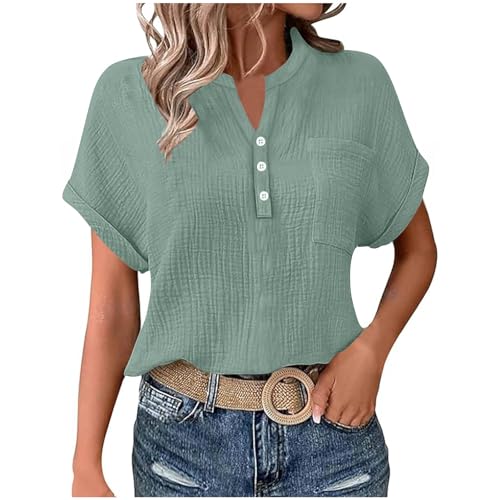 Leinenbluse Damen Sommer Oversized Tshirt Musselin Bluse Basic Rundhals Pullover Große Größen Elegant Einfarbig Tunika Tops Locker V-Ausschnitt Longbluse Button Down Leinenhemd mit Taschen S-2XL von Komiseup
