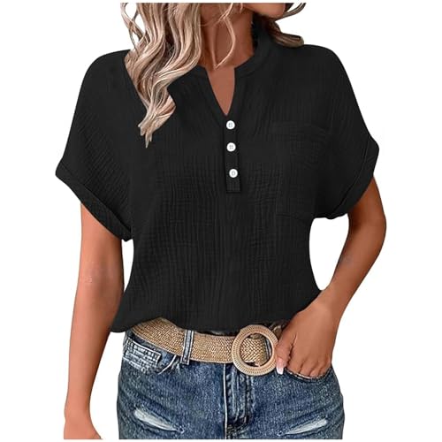 Leinenbluse Damen Sommer Oversized Tshirt Musselin Bluse Basic Rundhals Pullover Große Größen Elegant Einfarbig Tunika Tops Locker V-Ausschnitt Longbluse Button Down Leinenhemd mit Taschen S-2XL von Komiseup