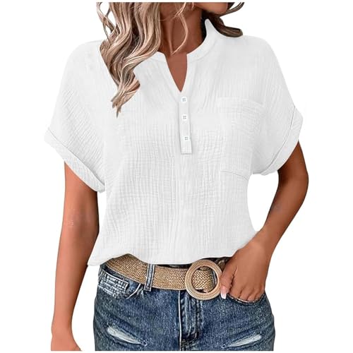 Leinenbluse Damen Sommer Oversized Tshirt Musselin Bluse Basic Rundhals Pullover Große Größen Elegant Einfarbig Tunika Tops Locker V-Ausschnitt Longbluse Button Down Leinenhemd mit Taschen S-2XL von Komiseup