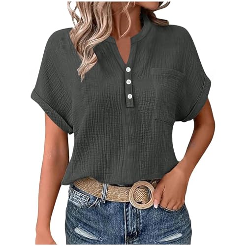 Leinenbluse Damen Sommer Oversized Tshirt Musselin Bluse Basic Rundhals Pullover Große Größen Elegant Einfarbig Tunika Tops Locker V-Ausschnitt Longbluse Button Down Leinenhemd mit Taschen S-2XL von Komiseup