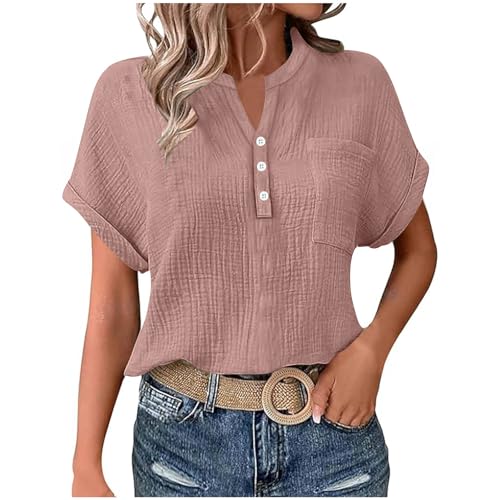 Leinenbluse Damen Sommer Oversized Tshirt Musselin Bluse Basic Rundhals Pullover Große Größen Elegant Einfarbig Tunika Tops Locker V-Ausschnitt Longbluse Button Down Leinenhemd mit Taschen S-2XL von Komiseup