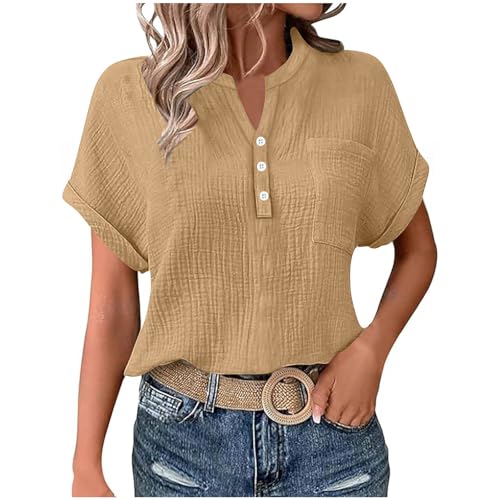 Leinenbluse Damen Sommer Oversized Tshirt Musselin Bluse Basic Rundhals Pullover Große Größen Elegant Einfarbig Tunika Tops Locker V-Ausschnitt Longbluse Button Down Leinenhemd mit Taschen S-2XL von Komiseup