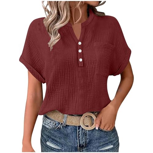 Leinenbluse Damen Sommer Oversized Tshirt Musselin Bluse Basic Rundhals Pullover Große Größen Elegant Einfarbig Tunika Tops Locker V-Ausschnitt Longbluse Button Down Leinenhemd mit Taschen S-2XL von Komiseup