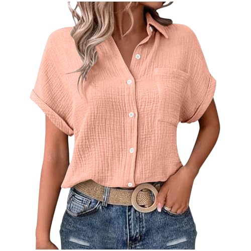 Leinenbluse Damen Sommer T Shirt Musselin Bluse Teenager Mädchen Tshirt Kurzarm V-Ausschnitt Leinenhemd Vintage Einfarbig Leinenbluse Große Größen Tunika Tops Button Down Oberteile mit Taschen von Komiseup