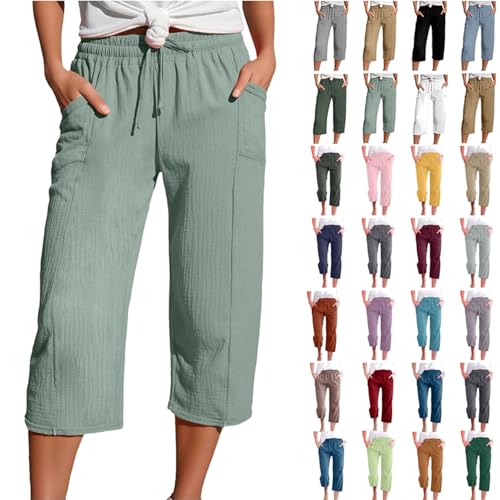 Leinenhose Damen Kurz Sommerhose Leicht Casual Jogginghose Sommer Locker Strandhose Übergröße 3/4 Hosen Leichtgewicht Caprihose Baumwolle Leinen Yogahose Bequeme Atmungsaktive Loose Pants S-2XL von Komiseup