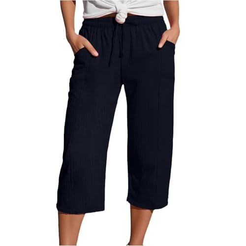 Leinenhose Damen Sommer Musselin Hose Kurz 3/4 Sommerhose Baumwolle Leinen Stoffhose Elegant Einfarbige Freizeithose Knielang Gerades Bein Strandhose Locker Caprihose mit Kordelzug und Taschen S-XXL von Komiseup