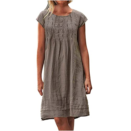 Leinenkleid Damen Sommer Rundhalsausschnitt Kurzarm Sommerkleid Lose Knielang Leinenkleider Baumwolle Leinen T-Shirt-Kleid Casual Einfarbig Freizeitkleid Strandkleider Boho Kleid A-Linie Kleid von Komiseup