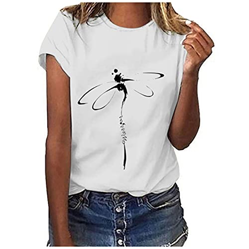 Libelle Motiv T-Shirt Damen Sommer Oberteile Lässig Print Kurzarm Rundhalsausschnitt Locker T-Shirt Bluse Top Casual Einfarbig Basic Gestückelte Tees Tops Elegant Mädchen Drucken Rundhals Oberteile von Komiseup