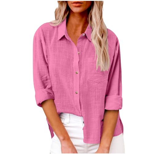 Musselin Bluse Damen Dünne Baumwolle Leinenbluse Oversized Leinenhemd Elegant Einfarbig Blusenshirt Revers Einreihiges Blusehemd Große Größen V-Ausschnitt Longbluse Button Down Oberteile mit Taschen von Komiseup