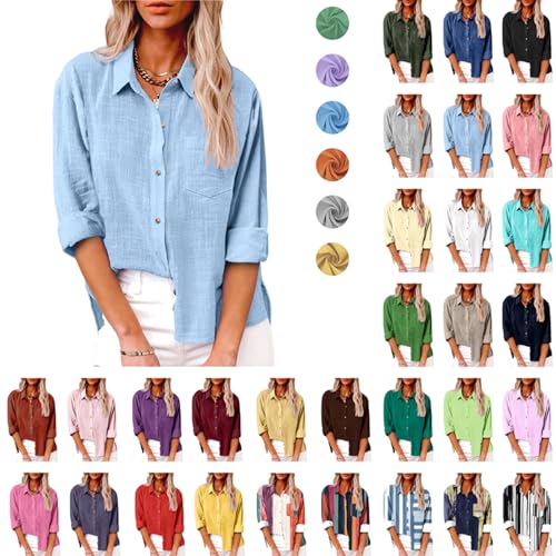 Musselin Bluse Damen Dünne Baumwolle Leinenbluse Oversized Leinenhemd Elegant Einfarbig Blusenshirt Revers Einreihiges Blusehemd Große Größen V-Ausschnitt Longbluse Button Down Oberteile mit Taschen von Komiseup