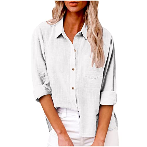 Musselin Bluse Damen Dünne Baumwolle Leinenbluse Oversized Leinenhemd Elegant Einfarbig Blusenshirt Revers Einreihiges Blusehemd Große Größen V-Ausschnitt Longbluse Button Down Oberteile mit Taschen von Komiseup