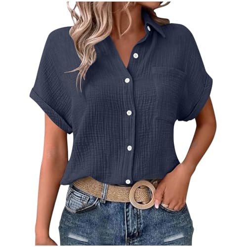 Musselin Bluse Damen Dünne Baumwolle Leinenbluse Oversized Leinenhemd Elegant Einfarbig Longbluse Revers Einreihiges Hemd Große Größen V-Ausschnitt Musselin Hemd mit Taschen Button Down Oberteile von Komiseup