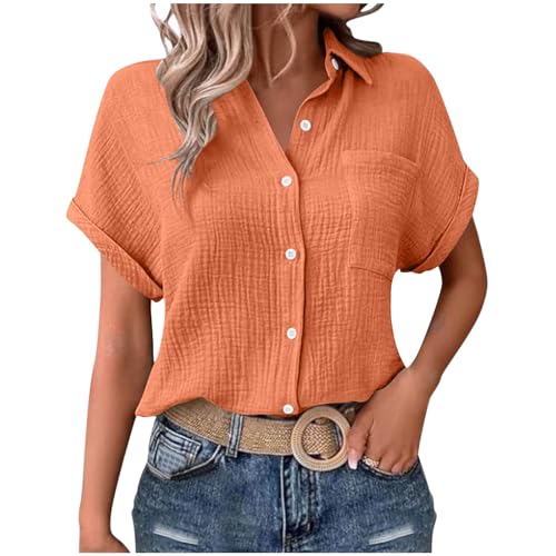 Musselin Bluse Damen Dünne Baumwolle Leinenbluse Oversized Leinenhemd Elegant Einfarbig Longbluse Revers Einreihiges Hemd Große Größen V-Ausschnitt Musselin Hemd mit Taschen Button Down Oberteile von Komiseup