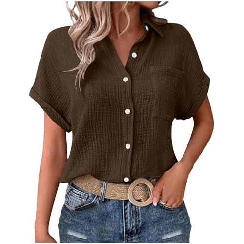 Musselin Bluse Damen Dünne Baumwolle Leinenbluse Oversized Leinenhemd Elegant Einfarbig Longbluse Revers Einreihiges Hemd Große Größen V-Ausschnitt Musselin Hemd mit Taschen Button Down Oberteile von Komiseup