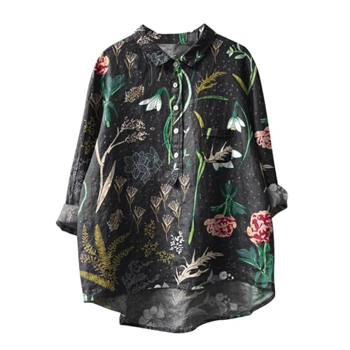 Musselin Bluse Damen Herbst Langarmshirt Baumwolle Leinenbluse Oversize Leinenhemd Elegant Einfarbig Longbluse Revers Einreihige Hemd Große Größen V-Ausschnitt Hemd mit Taschen Button Down Oberteile von Komiseup