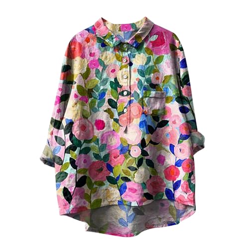 Musselin Bluse Damen Herbst Langarmshirt Baumwolle Leinenbluse Oversize Leinenhemd Elegant Einfarbig Longbluse Revers Einreihige Hemd Große Größen V-Ausschnitt Hemd mit Taschen Button Down Oberteile von Komiseup