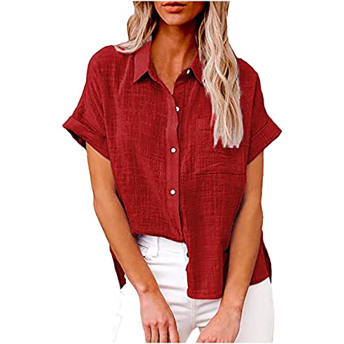 Musselin Bluse Damen Kurzarm Baumwolle Leinenbluse Oversized Leinenhemd Elegant Einfarbig Blusenshirt Revers Einreihiges Blusehemd Übergroße V-Ausschnitt Longbluse Button Down Oberteile mit Taschen von Komiseup