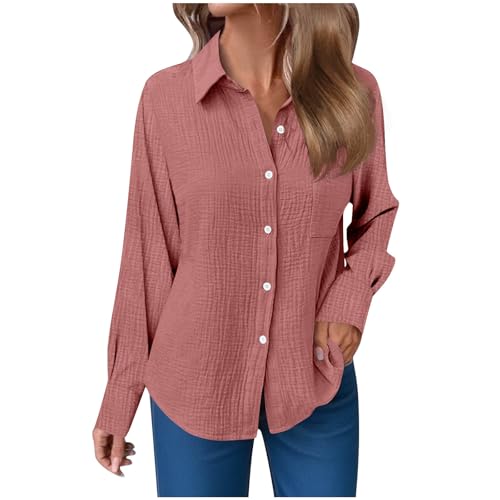 Musselin Bluse Damen Langarm Leinenbluse mit Taschen Revers Einreihige Leinenhemd Elegant Einfarbig Longshirt Weiche Baumwoll Langarmshirt für Frühling, Sommer und Herbst Lässige Button-Down Hemd von Komiseup