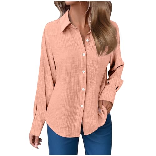 Musselin Bluse Damen Langarm Leinenbluse mit Taschen Revers Einreihige Leinenhemd Elegant Einfarbig Longshirt Weiche Baumwoll Langarmshirt für Frühling, Sommer und Herbst Lässige Button-Down Hemd von Komiseup